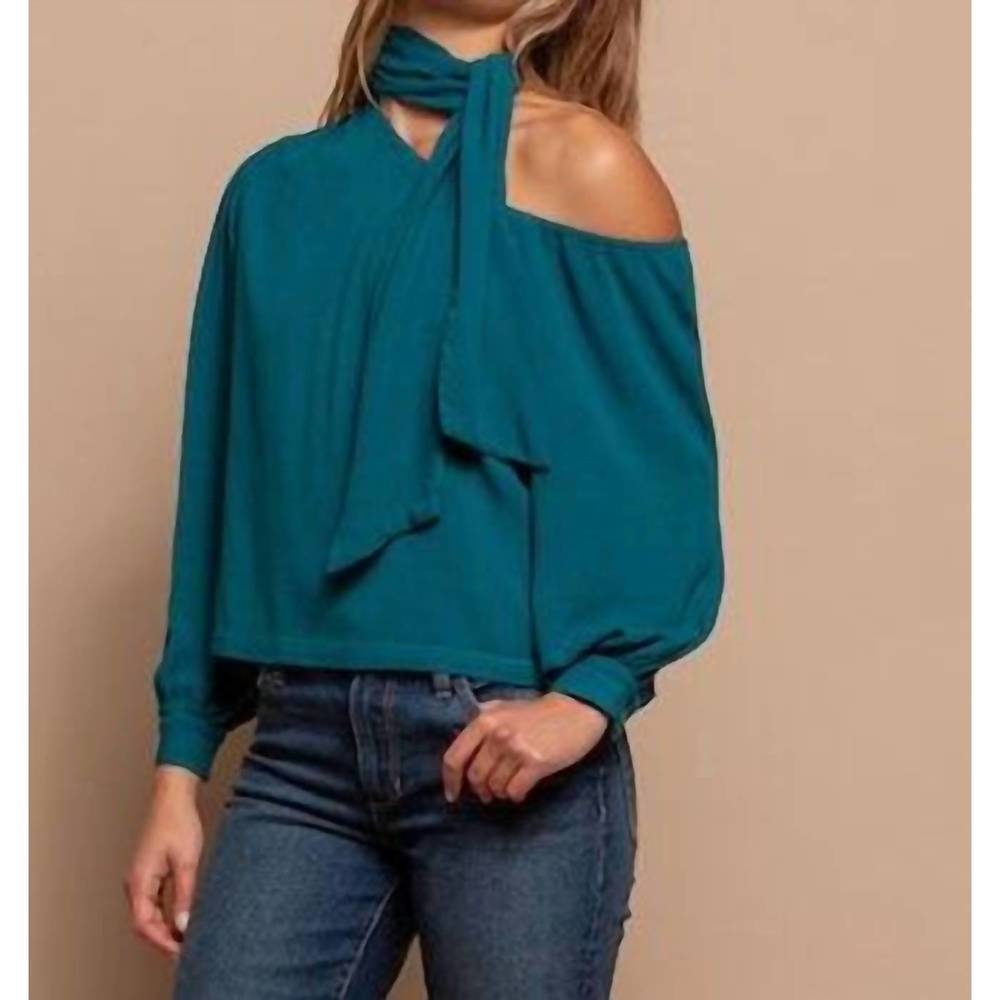 NEW RED HAUTE one shoulder tie neck top in teal